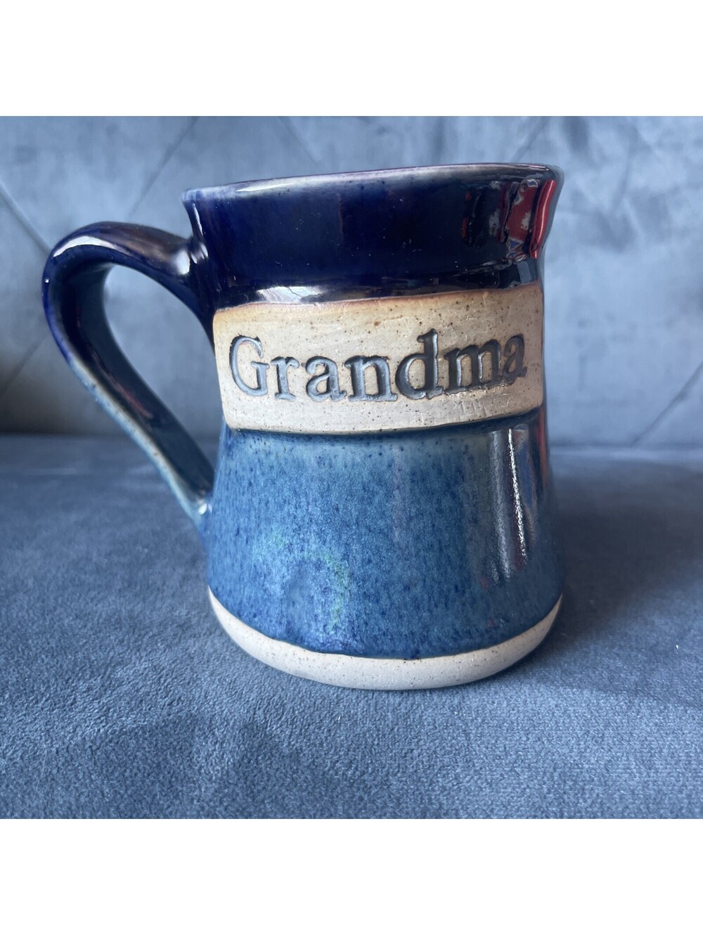 Pottery Coffee Mug Tea Cup Stoneware Blue GRANDMA Sz L Handle Handmade Unbranded
